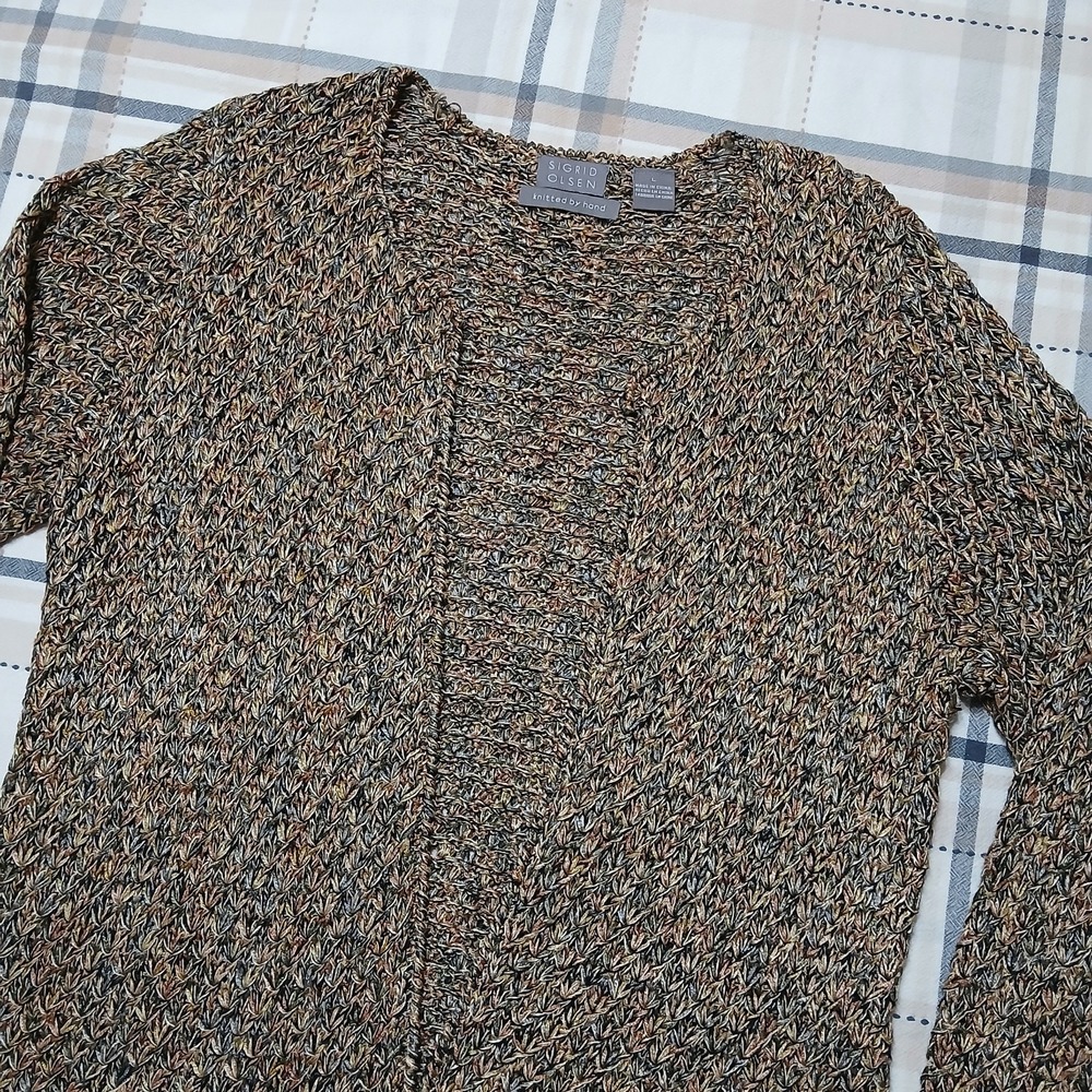 Sigrid Olsen Linen Silk Cardigan Womens L Brown 70's Granny Hippie Boho Mottled